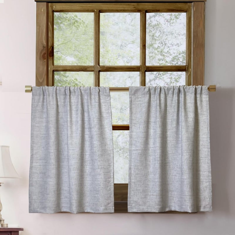 Oindec Faux Linen Kitchen Curtains 24 Inch Length Cafe Curtain Tiers for Living Room Basement Bathroom Windows Country Rustic Small Short Curtains, Set of 2, Grey - Image 1